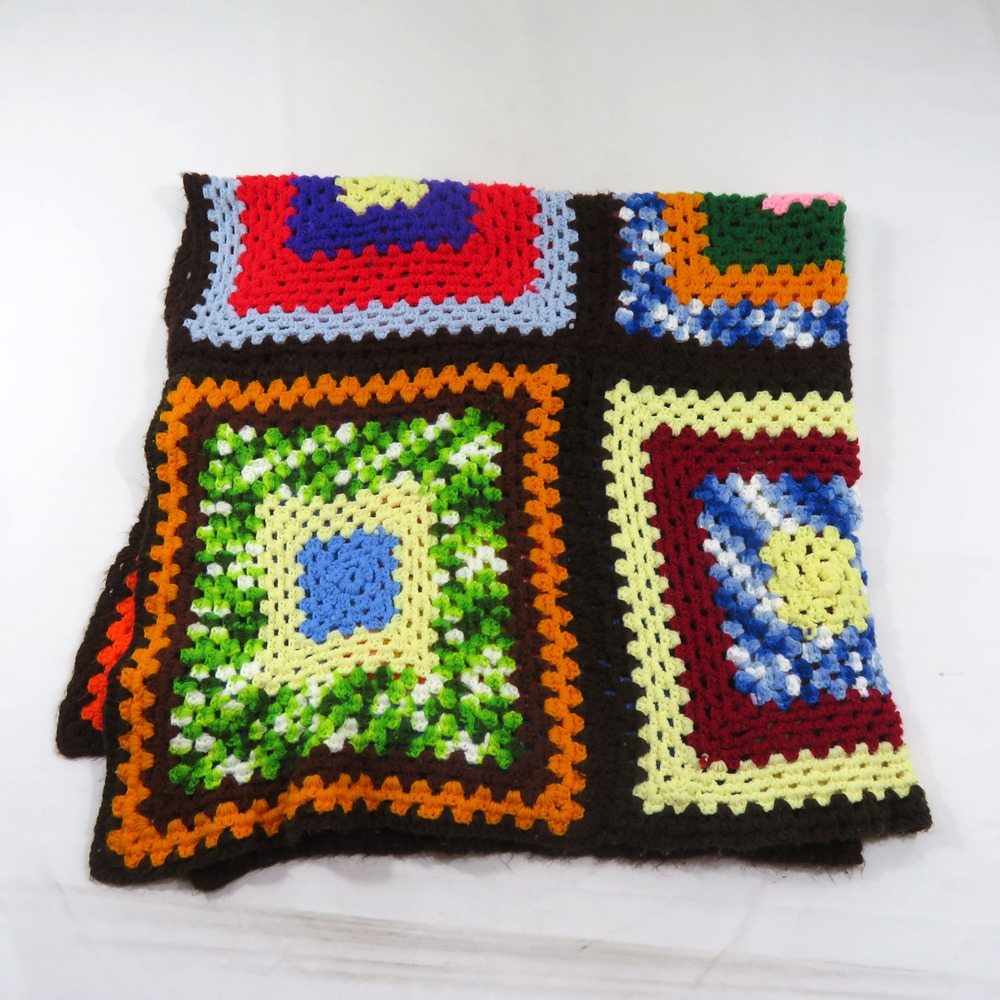 Hand Crocheted Granny Square Throw Afghan Colorful 9 - 20x20 blocks 62x62